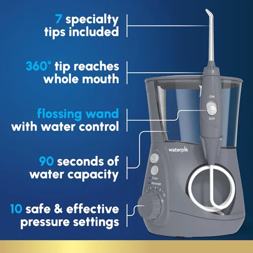 Vista 2 de Waterpik Acuario irrigador dental para limpieza de dientes, encías, aparatos ortopédicos, cuidado dental, energía eléctrica con 10 ajustes, 7 puntas