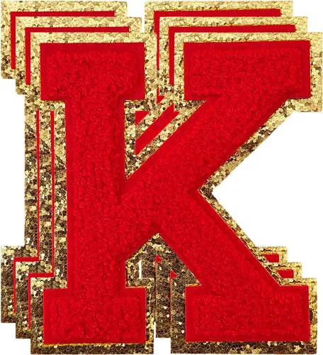 Vista 20 de 3 parches de letras de felpilla roja, parches de letras termo-adhesivas de 4-1/2" con brillantina para ropa, S
