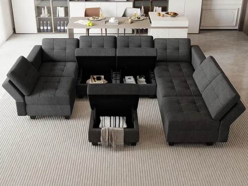 Vista 4 de Belffin Sofá modular convertible con diván reversible en forma de U con almacenamiento otomano modular con asientos de almacenamiento, color gris