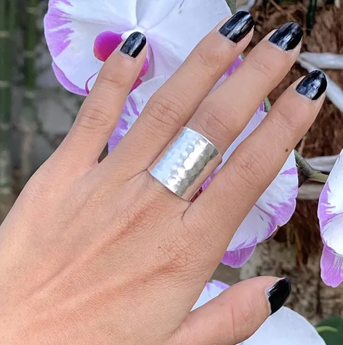 Vista 8 de Hammered Sterling Silver Handmade Classic Wide Band Boho Statement Ring, Shiny Finish Wrap Band Adjustable to Sizes 6-12, Also as Thumb Ring, Gift