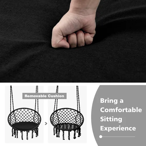 Vista 12 de Giantex - Silla hamaca de macramé con cojín y kit de herramientas, color negro Capacidad de peso de 330 libras, silla colgante