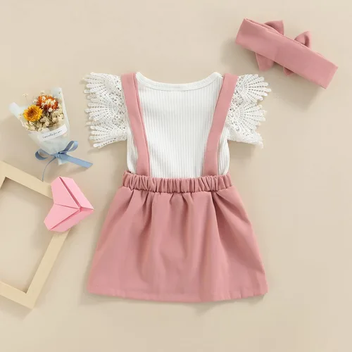 Vista 3 de Madjtlqy Conjunto de 3 piezas de verano para niñas pequeñas, mameluco acanalado de manga corta con volantes + falda con tirantes + diadema