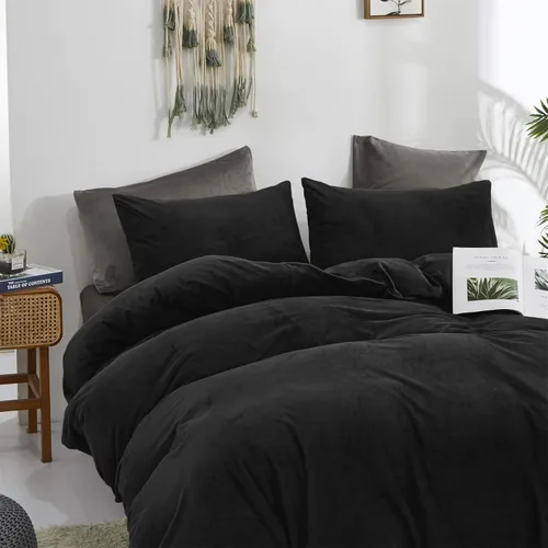 Vista 2 de CLOTHKNOW Juego de funda de edredón de terciopelo negro - Ropa de cama mullida, 3 piezas, tamaño individual, todo en color negro, juegos de funda