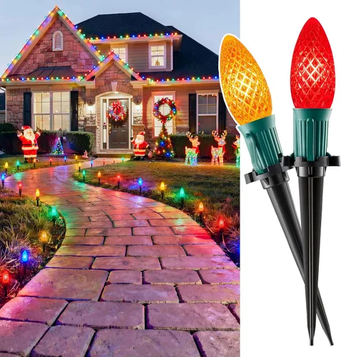 Vista 11 de Luces de cadena LED C9 de Navidad para exteriores, 26 pies, 20 luces LED de sendero de Navidad con 20 estacas de plástico, conectables e Rojo