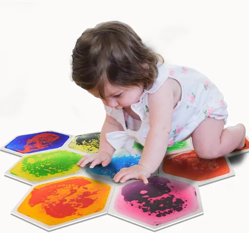 Vista 15 de art3d 4 piezas de baldosas sensoriales redondas para niños, bebés y niños pequeños, alfombra de actividad sensorial líquida colorida para juego