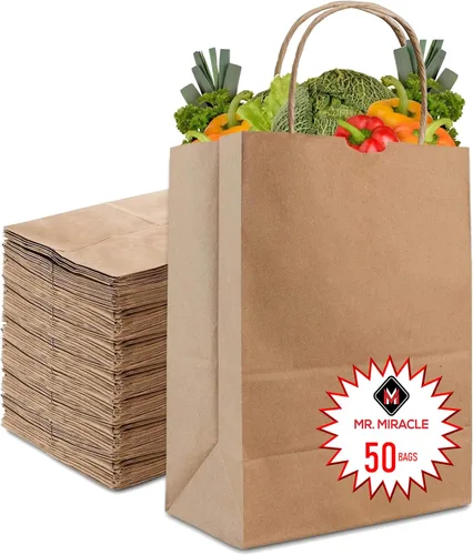 Vista 2 de Bolsas de papel kraft grandes de 57 libras con asas, 50 unidades, 12 x 17 x 7 pulgadas, bolsas de compras duraderas, reutilizables y ecológicas