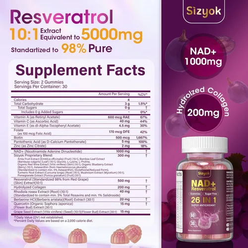 Vista 2 de Gomitas de Resveratrol NAD, Suplementos NAD para Mujeres con Colágeno Hidrolizado, Semilla de Uva y D-Biotina que Apoyan la Acción Antioxidante