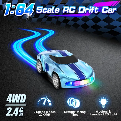 Vista 2 de Auto de Deriva RC, 1/64 Mini Autos RC de Deriva 4WD Micro Auto de Control Remoto con Luces LED e Interruptor de Velocidad, Juguetes de Autos Ideales