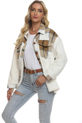 Vista 4 de Tanming Camisa de franela cepillada a cuadros con botones para mujer
