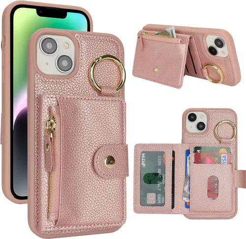 Vista 53 de Funda para iPhone 14 Plus con tarjetero, color negro Funda con cremallera y ranura para mujer y hombre