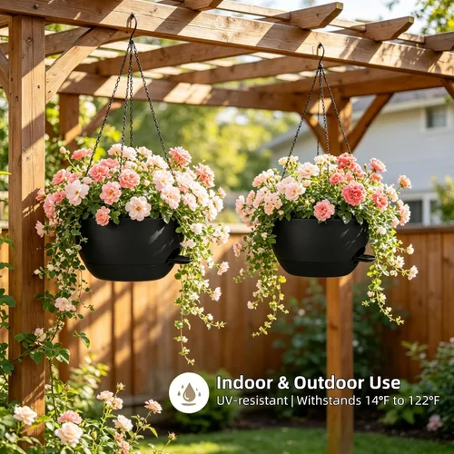 Vista 7 de Macetas colgantes de 10 pulgadas con cadenas, juego de 2, macetas auto-regables de plástico negro para plantas de interior y exterior, decoración