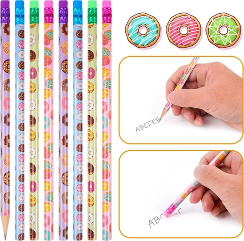 Vista 4 de 100 lápices temáticos de dona, lápices de madera cilíndrica con varios elementos de rosquilla, 4 estilos, surtidos para estudiantes, lápices