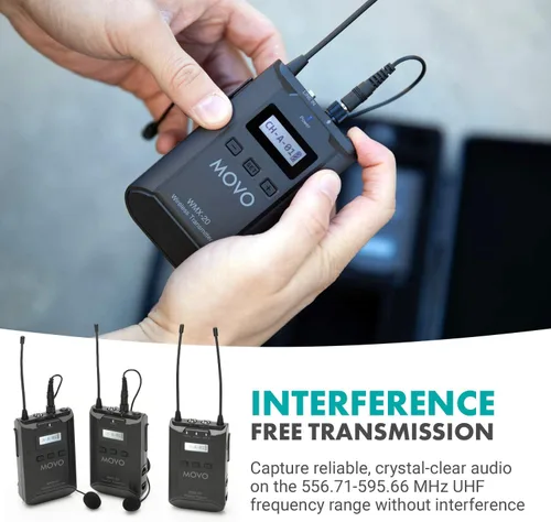 Vista 5 de Movo WMX-20-DUO Sistema de micrófono inalámbrico UHF de 48 canales con 1 receptor, 2 transmisores y 2 micrófonos de solapa compatible con cámaras