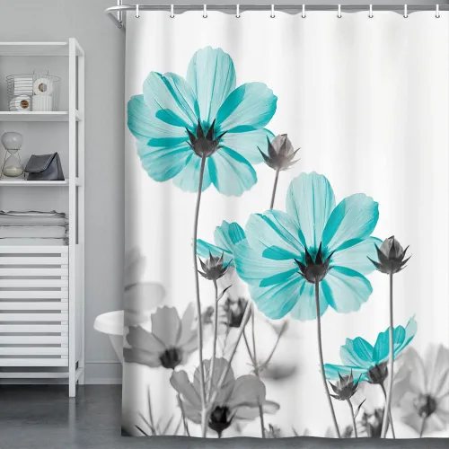 Vista 28 de MERCHR Cortina única floral azul para decoración de baño, cortina de ducha estilo granja con flores de margarita azul y gris elegantes y diseño