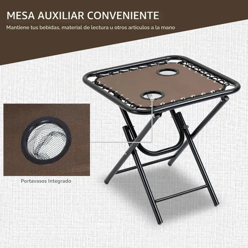 Vista 4 de Outsunny Juego de sillas Zero Gravity con mesa auxiliar, portavasos, marrón