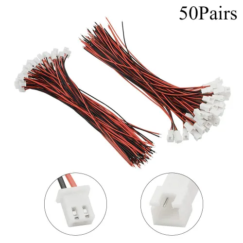 Vista 2 de 100 unidades (50 pares) 0.100 in 2PIN hembra y macho enchufe de conexión con conector de terminal rojo negro cable compatible con JST-XHP 7.874 in
