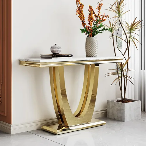 Vista 67 de SSLine Mesa de Centro Rectangular de Mármol Sintético para Sala de Estar, Mesa Central Moderna de Mármol Blanco de Lujo con Base Doble en Forma de U