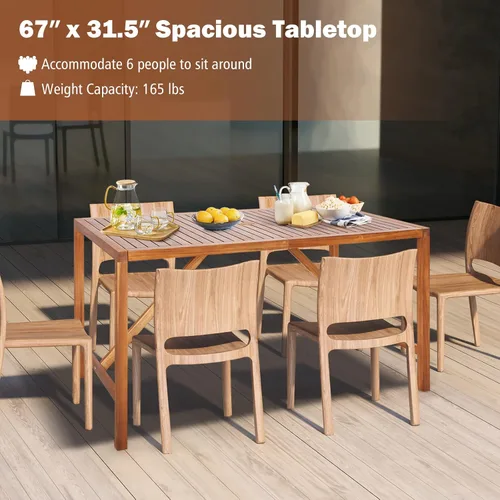 Vista 5 de Tangkula Mesa de comedor rectangular para exteriores, mesa de madera de acacia con agujero para sombrilla de 2 pulgadas, amplia mesa de listones