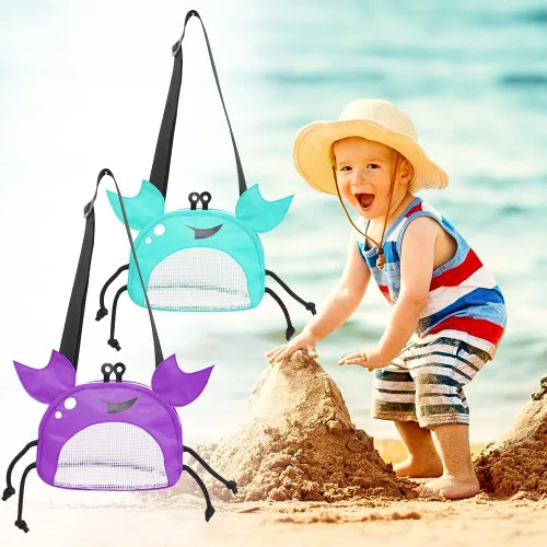 Vista 2 de Bolsa de malla de cangrejo para playa, bolsas de recolección de conchas de playa, juguetes de conchas de playa, correa ajustable para el hombro