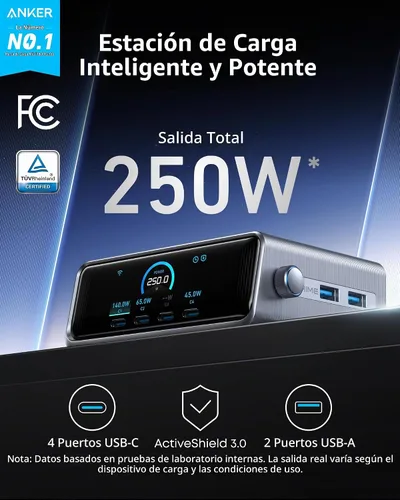 Vista 2 de Estación de carga Anker Prime, cargador USB C GaN de 6 puertos de 250 W