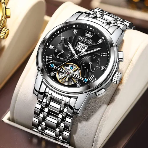 Vista 3 de OLEVS Reloj mecánico automático de acero inoxidable con diseño de esqueleto Tourbillon de cuerda automática vestido de negocios de lujo con fecha