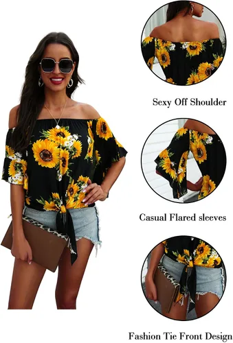 Vista 2 de Hibluco - Jersey elástico para mujer con hombros descubiertos, manga acampanada, cuello alto