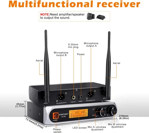 Vista 5 de Sistema de micrófono inalámbrico, frecuencia fija, micrófonos de mano UHF duales, alcance de 200 pies, Plug & Play, micrófono inalámbrico