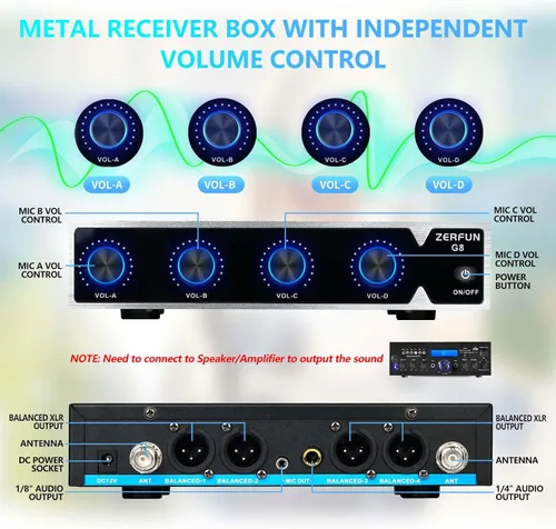 Vista 2 de Sistema de micrófono inalámbrico profesional de 4 canales, auriculares de mano inalámbricos de metal UHF, micrófonos de solapa para cantar karaoke