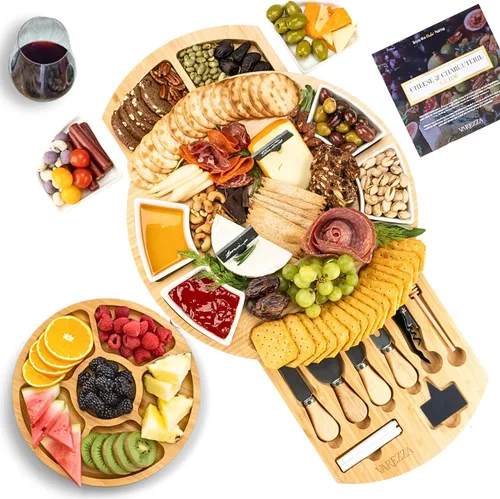 Vista 11 de Juego de tablas de charcutería – Tabla grande de queso de bambú y plato con accesorios de charcutería, regalos de inauguración de la casa