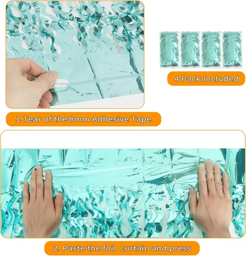 Vista 4 de Paquete de 4 cortinas telón de fondo de flecos de lámina metálica ondulada azul aguamarina de 3.3 pies x 6.6 pies - Cortinas de lámina metálica
