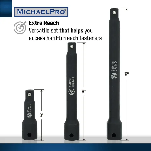 Vista 2 de MichaelPro MP005041 - Juego de barras de extensión de impacto de 1/2 pulgada, extensiones de enchufe de 3 piezas, (3, 6, 8 pulgadas), acero CR-V