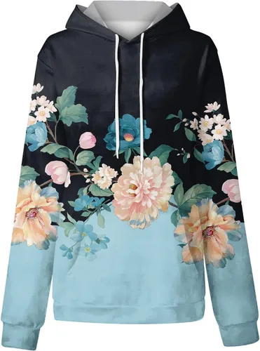 Vista 3 de Sudadera con capucha para mujer, con estampado floral, manga larga, con cordón, con bolsillo