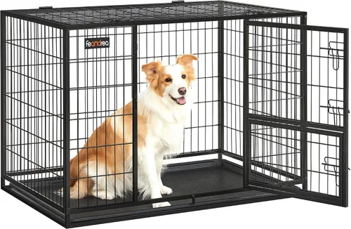 Vista 10 de Feandrea Jaula para perros resistente de 36.4 pulgadas, perrera de metal a prueba de fugas con puertas dobles y cómoda puerta de alimentación