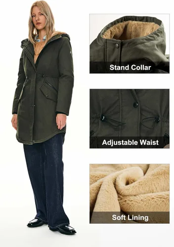 Vista 6 de Orolay Chaqueta de invierno con capucha para mujer, tipo parka, forrada de polar grueso, con bolsillos