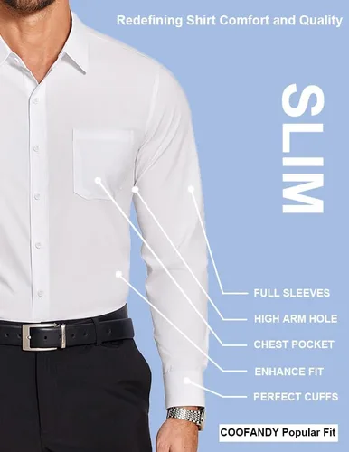 Vista 5 de COOFANDY Camisas de vestir ajustadas para hombre, de manga larga, sin arrugas, con botones, con bolsillo