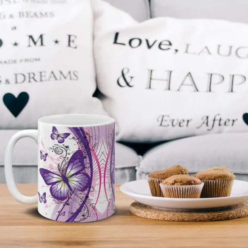 Vista 5 de MUGBREW Taza de té de cerámica de la taza de café de la mariposa púrpura de 2 tonos, 11 OZ