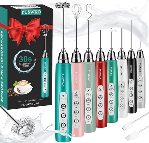 Vista 12 de YUSWKO Baby Blue - Varita espumadora de leche de mano para café, batidor eléctrico recargable con 3 cabezales, 3 velocidades, mezclador de bebidas