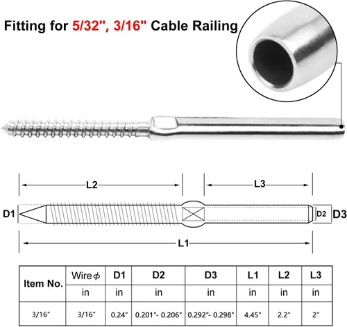 Vista 2 de BLIKA 20 pares de tornillos de retardo de rosca izquierda y derecha y 65 fundas protectoras de acero inoxidable para barandillas de cable de 3/16