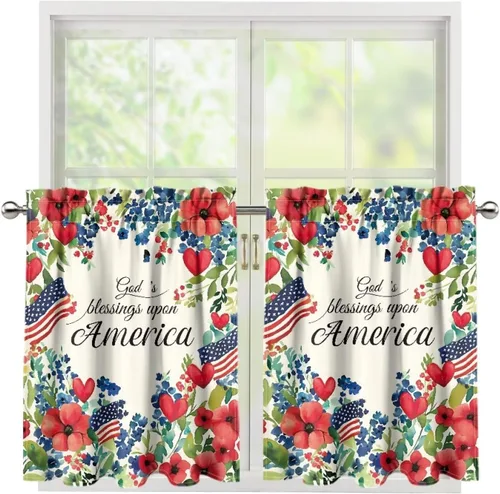 Vista 28 de God Bssing You Tier Curtains for July 4Th 2026 27.5x24 2 Panels Light Filtering Half Window Rod Pocket for Kitchen/Bathroom
