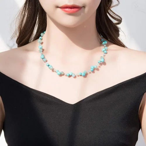 Vista 4 de Collar corto turquesa con cuentas para mujer, joyería de moda con perlas y cuentas de cristal, regalos de cumpleaños para mujer, Vidrio, No es una