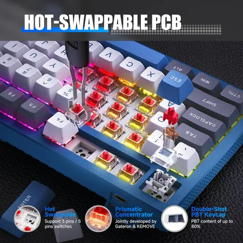Vista 2 de KEMOVE Teclado mecánico inalámbrico K87 TKL para juegos, intercambiable en caliente, retroiluminación RGB, programable, Bluetooth2.4GHzUSB-C, 80% 87