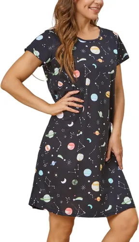 Vista 3 de Inadays Camisón de algodón para mujer, ropa de dormir de manga corta, camisón casual con estampado, pijama holgado y cómodo