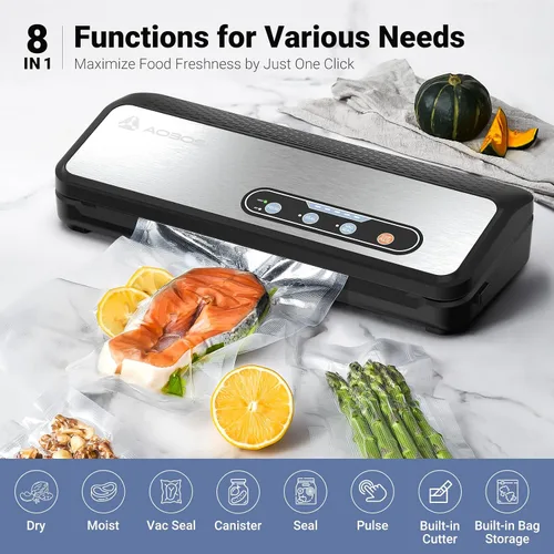 Vista 4 de Aobosi - Máquina selladora al vacío, potente 90 Kpa 8 en 1 para alimentos secos/húmedos, cortador integrado y almacenamiento de bolsas, rollo