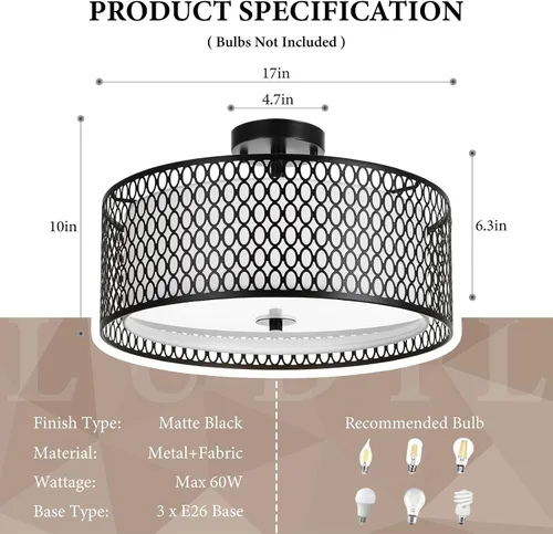 Vista 3 de Lámpara de techo semiempotrada de 17 pulgadas, moderna iluminación de techo E26 de doble tambor de 3 luces con jaula de malla de hierro negro mate
