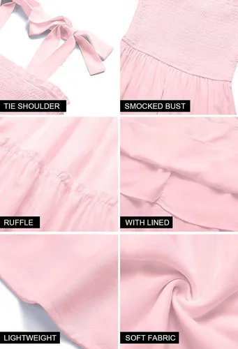 Vista 7 de ZESICA Vestido corto de verano para mujer, con tirantes delgados, sin mangas, cuello cuadrado, volantes, acampanado, con vuelo