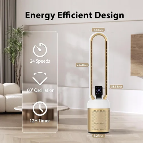 Vista 2 de Ventilador sin aspas de 38 pulgadas para dormitorio, ventilador de torre silencioso con control remoto y pantalla táctil LED grande, 24 velocidades