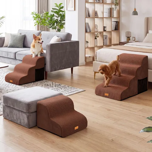 Vista 9 de Escaleras de 4 escalones para perros pequeños, escalones de espuma antideslizante para mascotas para camas altas Marrón