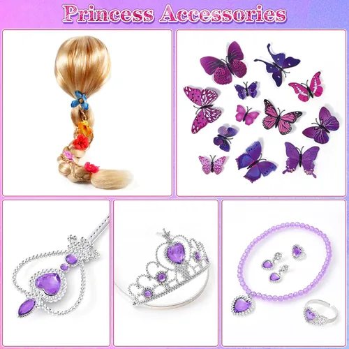 Vista 5 de Tacobear 21 piezas de vestido Rapunzel iluminado para niñas, disfraz de Rapunzel, peluca de Rapunzel, accesorios de princesa, disfraz de Halloween