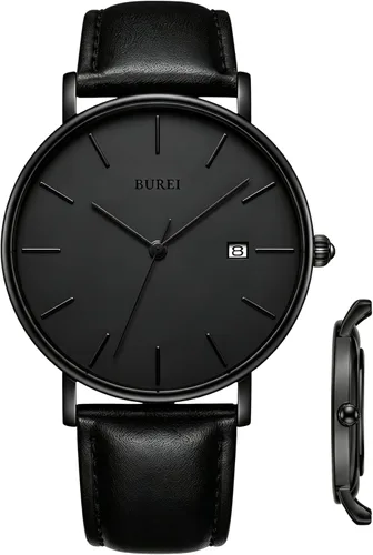 Vista 17 de BUREI Relojes de pulsera para hombre, relojes minimalistas de moda, analógicos de cuarzo, impermeables para hombres Banda negra negra