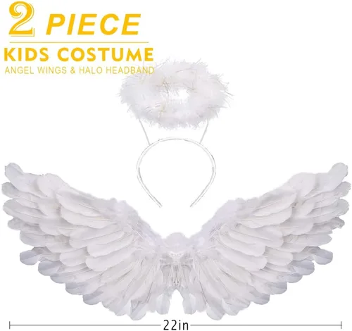 Vista 4 de Disfraz de alas de ángel y halo de SzJias para niñas, disfraz de alas de ángel y halo para niños, para Halloween, Nochebuena